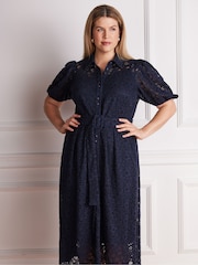 Live Unlimited Blue Puff Sleeve Button Though Belted Lace Dress - Image 4 of 6