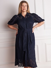Live Unlimited Blue Puff Sleeve Button Though Belted Lace Dress - Image 5 of 6