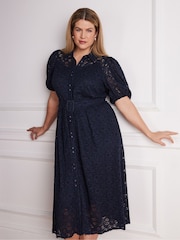 Live Unlimited Blue Puff Sleeve Button Though Belted Lace Dress - Image 6 of 6