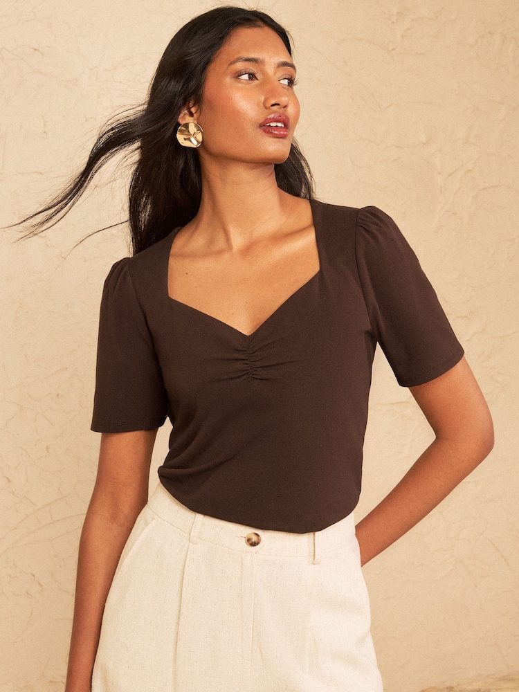 Love & Roses Chocolate Brown Short Sleeve Sweetheart Top - Image 1 of 4