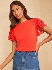 Love & Roses Orange Broderie Short Sleeve T-Shirt - Image 1 of 4