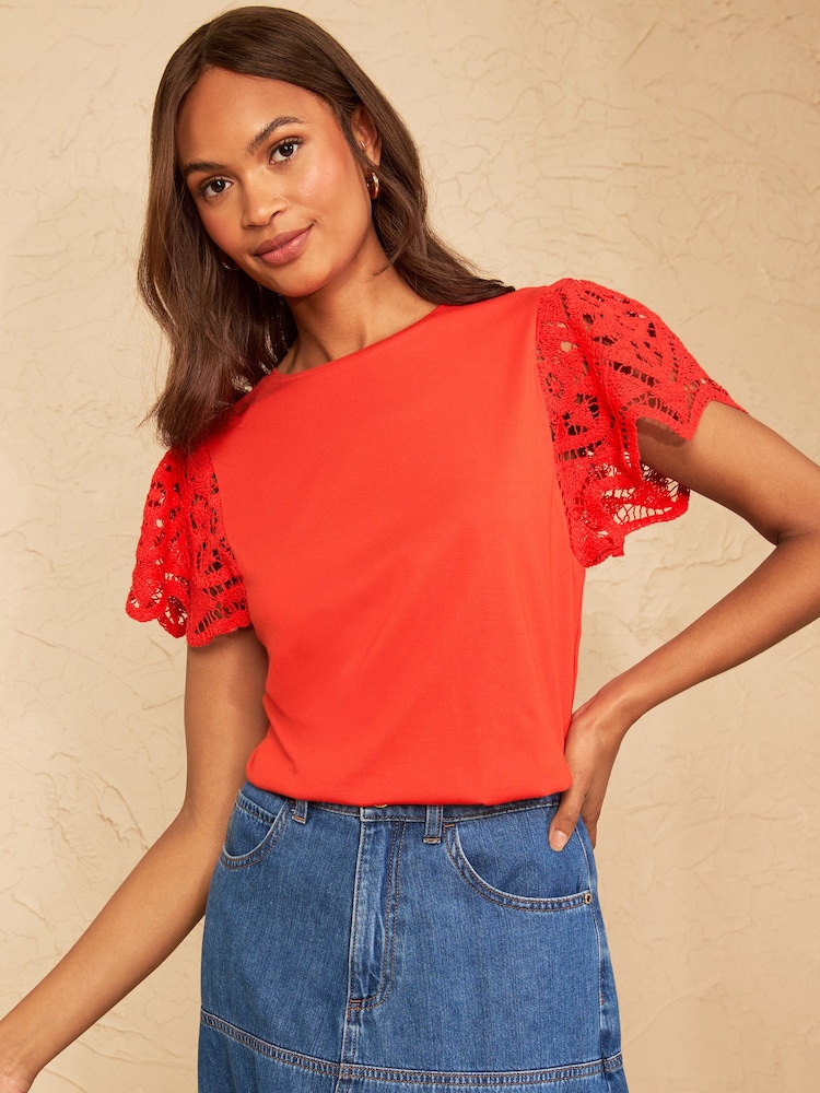 Love & Roses Orange Broderie Short Sleeve T-Shirt - Image 1 of 4 Love & Roses Orange Broderie Short Sleeve T-Shirt - Image 1 of 4