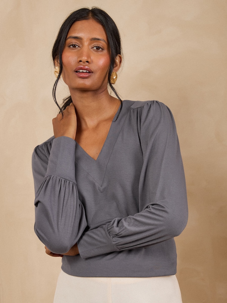 Love & Roses Grey V-Neck Jersey Top - Image 1 of 5