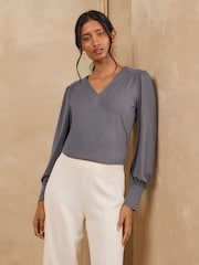 Love & Roses Grey V-Neck Jersey Top - Image 3 of 5