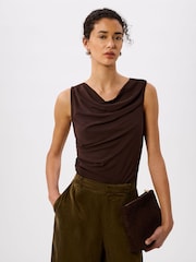Whistles Brown Drape Neck Jersey Top - Image 1 of 4