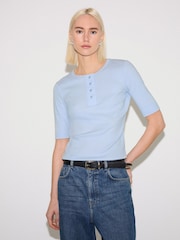 Jigsaw Blue Fine Rib Half Sleeve Henley T-Shirt - Image 1 of 6