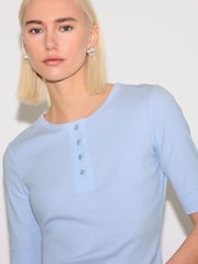 Jigsaw Blue Fine Rib Half Sleeve Henley T-Shirt - Image 2 of 6