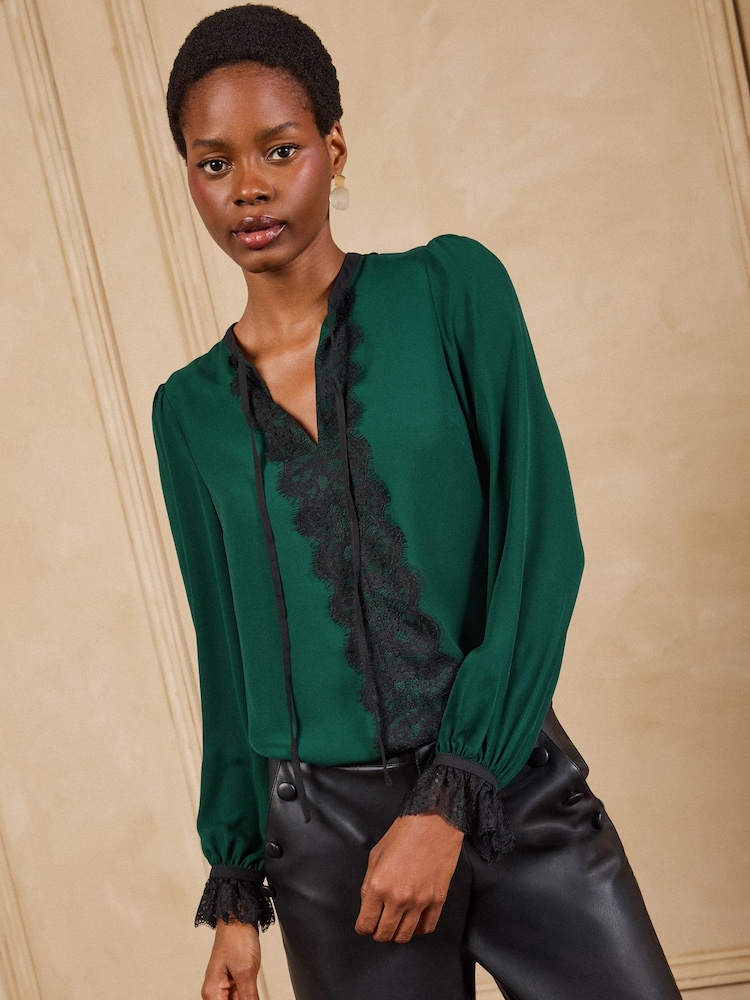 Love & Roses Bright Green Lace Insert Long Sleeve Blouse - Image 1 of 4