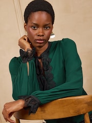 Love & Roses Bright Green Lace Insert Long Sleeve Blouse - Image 2 of 4