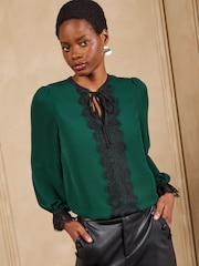 Love & Roses Bright Green Lace Insert Long Sleeve Blouse - Image 4 of 4
