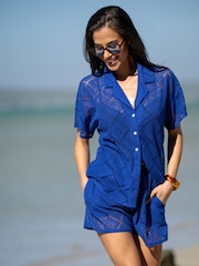 Pour Moi Ultramarine Free Spirit Crochet Co-Ord Shirt & Shorts Set - Image 3 of 4
