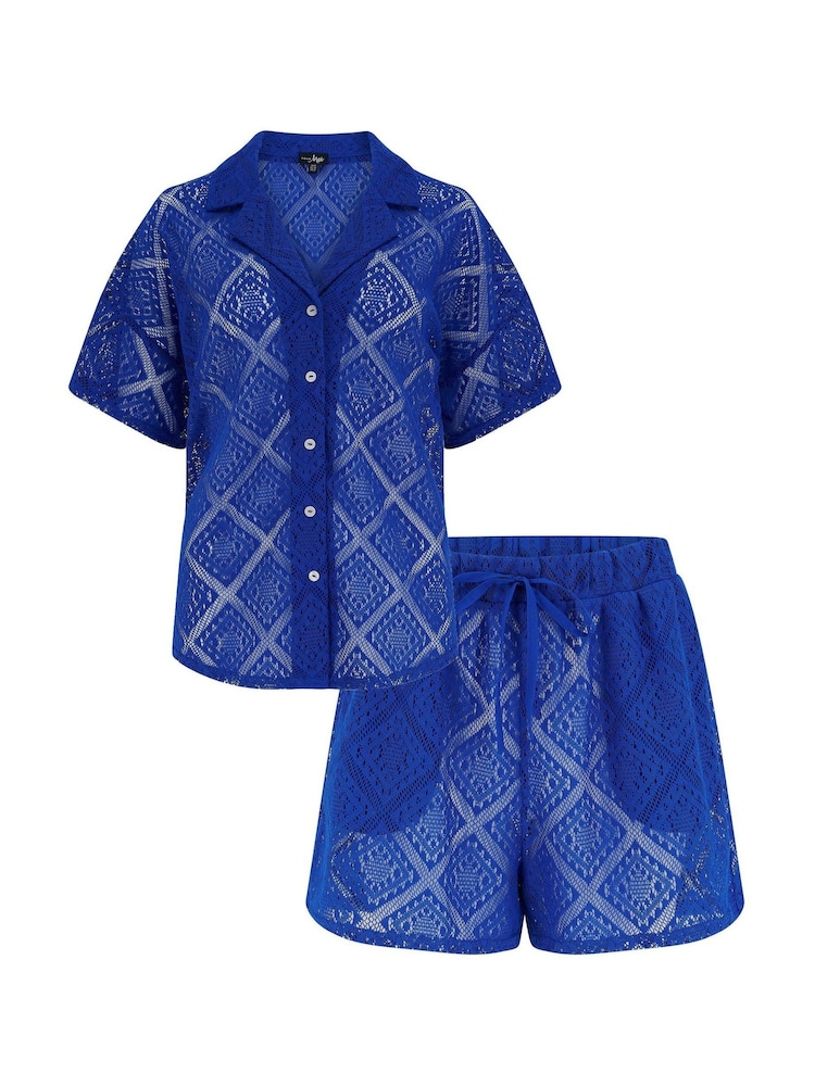 Pour Moi Ultramarine Free Spirit Crochet Co-Ord Shirt & Shorts Set - Image 4 of 4