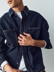 Dark Blue Relaxed Drop Shoulder Denim Overshirt - Image 4 of 8