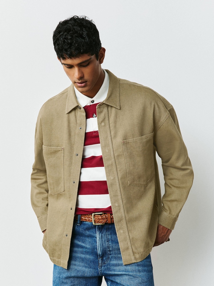 بني فاتح - Relaxed Drop Shoulder Denim Overshirt - صورة 1 من 8