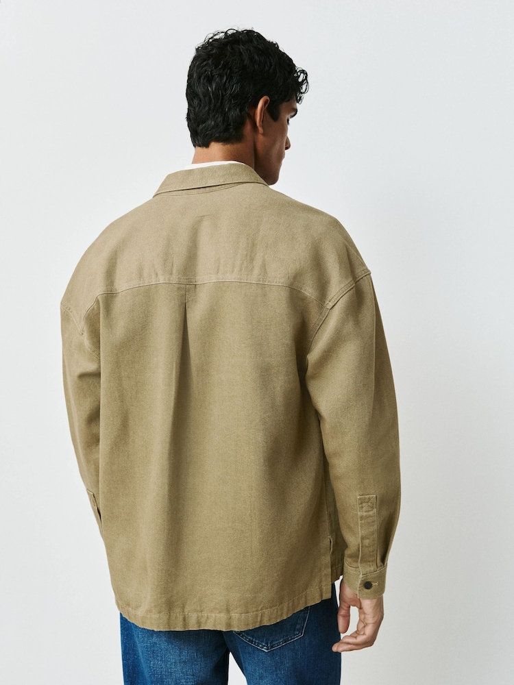 بني فاتح - Relaxed Drop Shoulder Denim Overshirt - صورة 2 من 8
