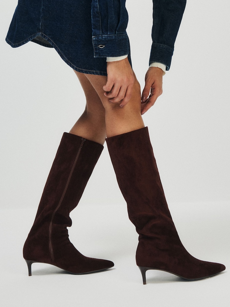 The Set Kitten Heel Knee High Sock Boots Chocolate Brown - Image 1 of 7 The Set Kitten Heel Knee High Sock Boots Chocolate Brown - Image 1 of 7