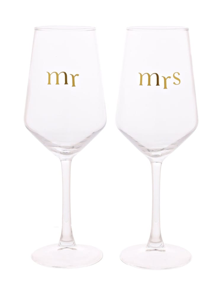 Widdop Set of 2 Clear Wine Mr & Mrs Glasses - Image 1 of 2