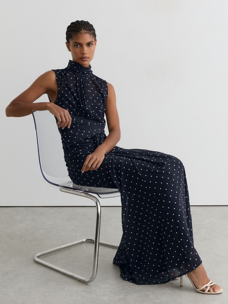 Reiss Navy/Ivory Stacey Polka-Dot Print Sleeveless Maxi Dress - Image 1 of 7