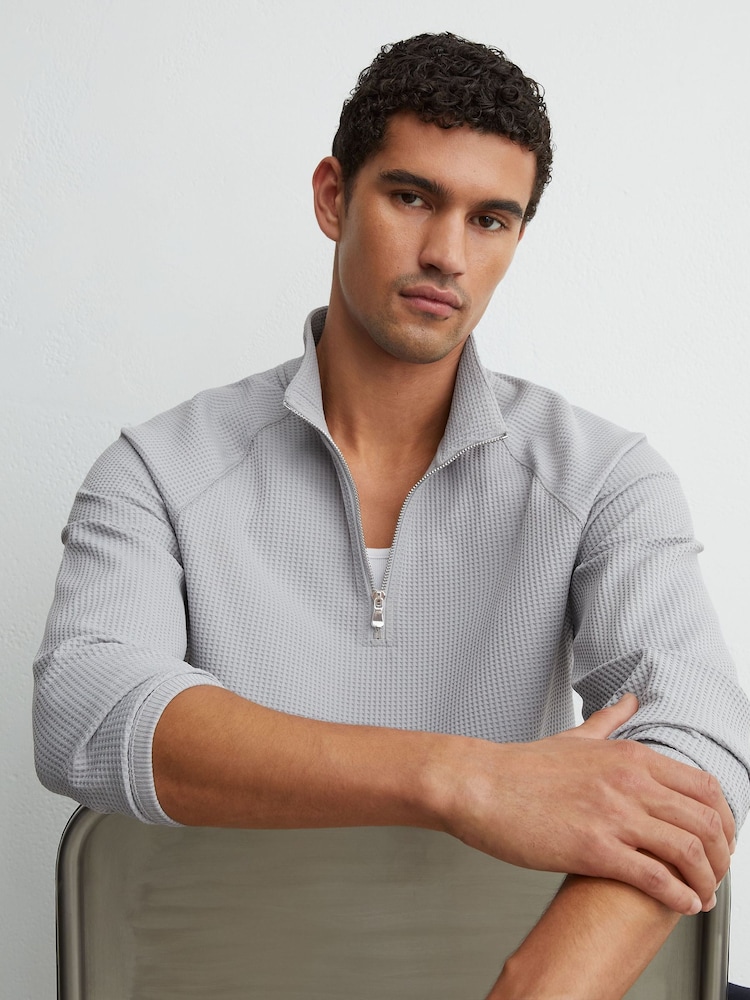 Reiss Soft Blue Lennox Waffle Half-Zip Funnel-Neck Sweatshirt - Image 1 of 7 Reiss Soft Blue Lennox Waffle Half-Zip Funnel-Neck Sweatshirt - Image 1 of 7
