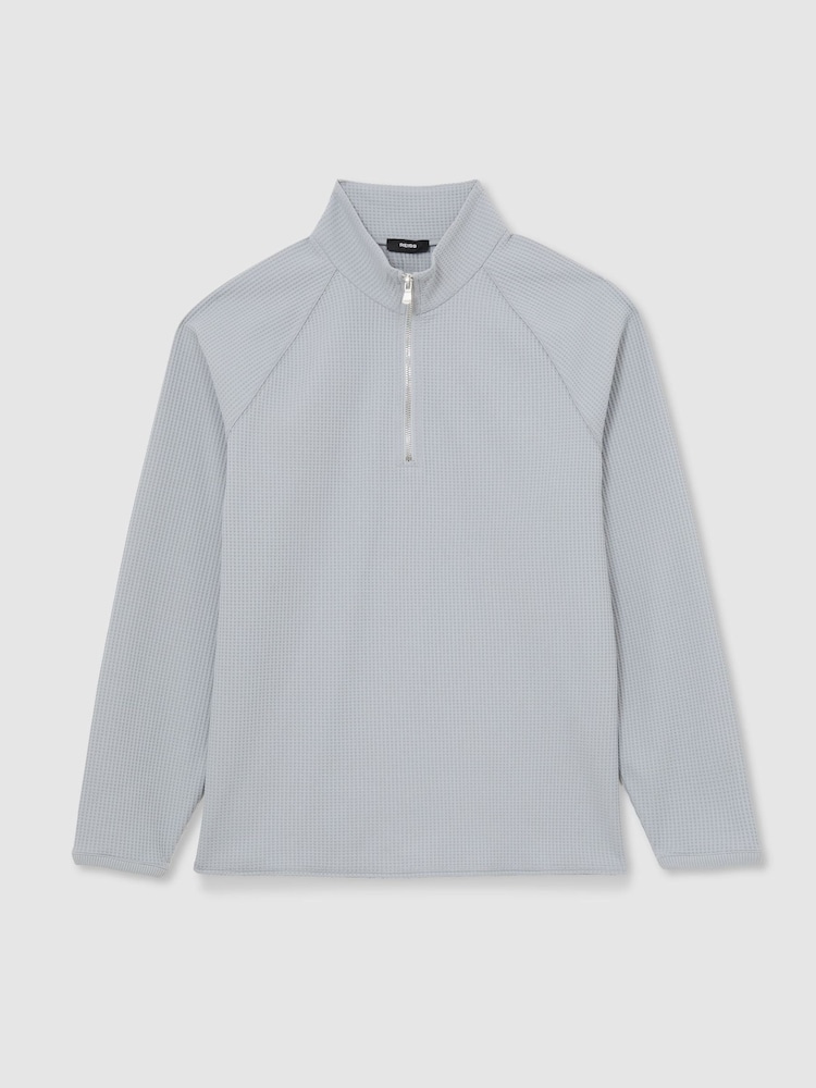 Reiss Soft Blue Lennox Waffle Half-Zip Funnel-Neck Sweatshirt - Image 2 of 7 Reiss Soft Blue Lennox Waffle Half-Zip Funnel-Neck Sweatshirt - Image 2 of 7
