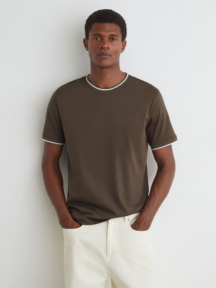 Taupe/Braun - Reiss Ainsley Air-Water Cotton Tipped Tailored-Fit T-Shirt - Bild 1 von 5