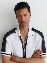 Reiss Optic White/Navy Kenley Colour-Block Zip-Through Knit Shirt - Image 1 of 5