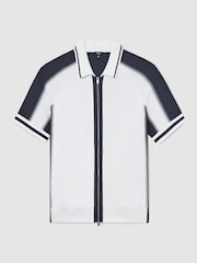 Reiss Optic White/Navy Kenley Colour-Block Zip-Through Knit Shirt - Image 2 of 5