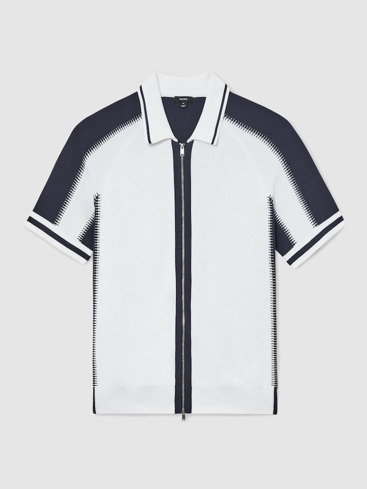 Reiss Optic White/Navy Kenley Colour-Block Zip-Through Knit Shirt - Image 2 of 5 Reiss Optic White/Navy Kenley Colour-Block Zip-Through Knit Shirt - Image 2 of 5