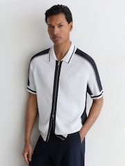 Reiss Optic White/Navy Kenley Colour-Block Zip-Through Knit Shirt - Image 4 of 5