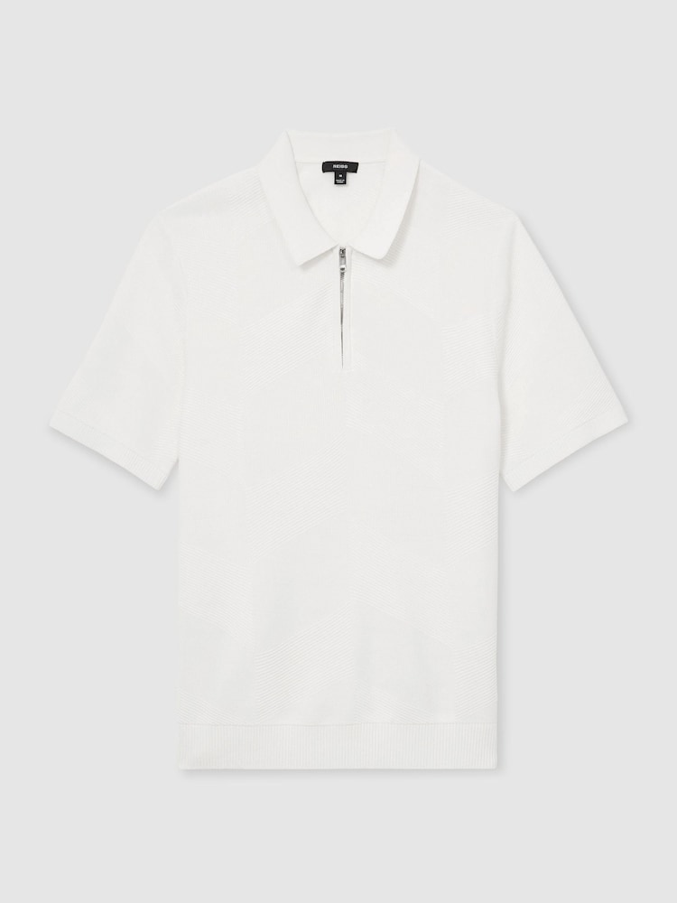 Reiss White Leigham Cotton-Blend Chevron-Knit Half-Zip Polo Shirt - Image 2 of 7 Reiss White Leigham Cotton-Blend Chevron-Knit Half-Zip Polo Shirt - Image 2 of 7