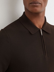 Reiss Chocolate Brown Leigham Cotton-Blend Chevron-Knit Half-Zip Polo Shirt - Image 1 of 6