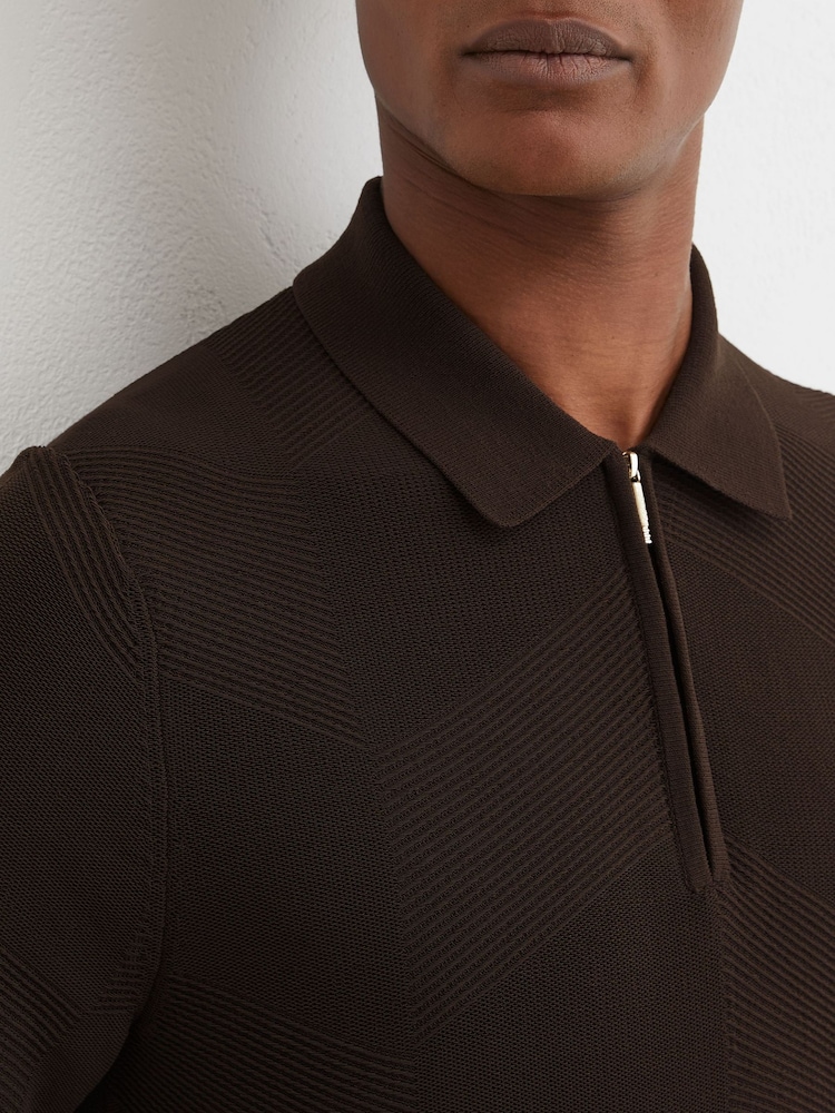 Reiss Chocolate Brown Leigham Cotton-Blend Chevron-Knit Half-Zip Polo Shirt - Image 1 of 6 Reiss Chocolate Brown Leigham Cotton-Blend Chevron-Knit Half-Zip Polo Shirt - Image 1 of 6