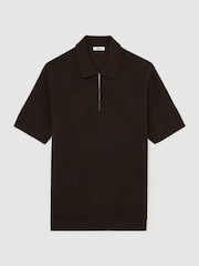 Reiss Chocolate Brown Leigham Cotton-Blend Chevron-Knit Half-Zip Polo Shirt - Image 2 of 6