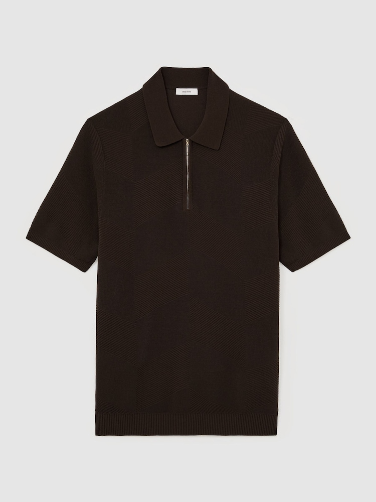 Reiss Chocolate Brown Leigham Cotton-Blend Chevron-Knit Half-Zip Polo Shirt - Image 2 of 6 Reiss Chocolate Brown Leigham Cotton-Blend Chevron-Knit Half-Zip Polo Shirt - Image 2 of 6