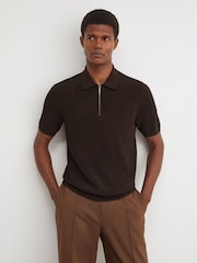 Reiss Chocolate Brown Leigham Cotton-Blend Chevron-Knit Half-Zip Polo Shirt - Image 3 of 6