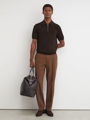 Reiss Chocolate Brown Leigham Cotton-Blend Chevron-Knit Half-Zip Polo Shirt - Image 4 of 6