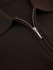 Reiss Chocolate Brown Leigham Cotton-Blend Chevron-Knit Half-Zip Polo Shirt - Image 6 of 6