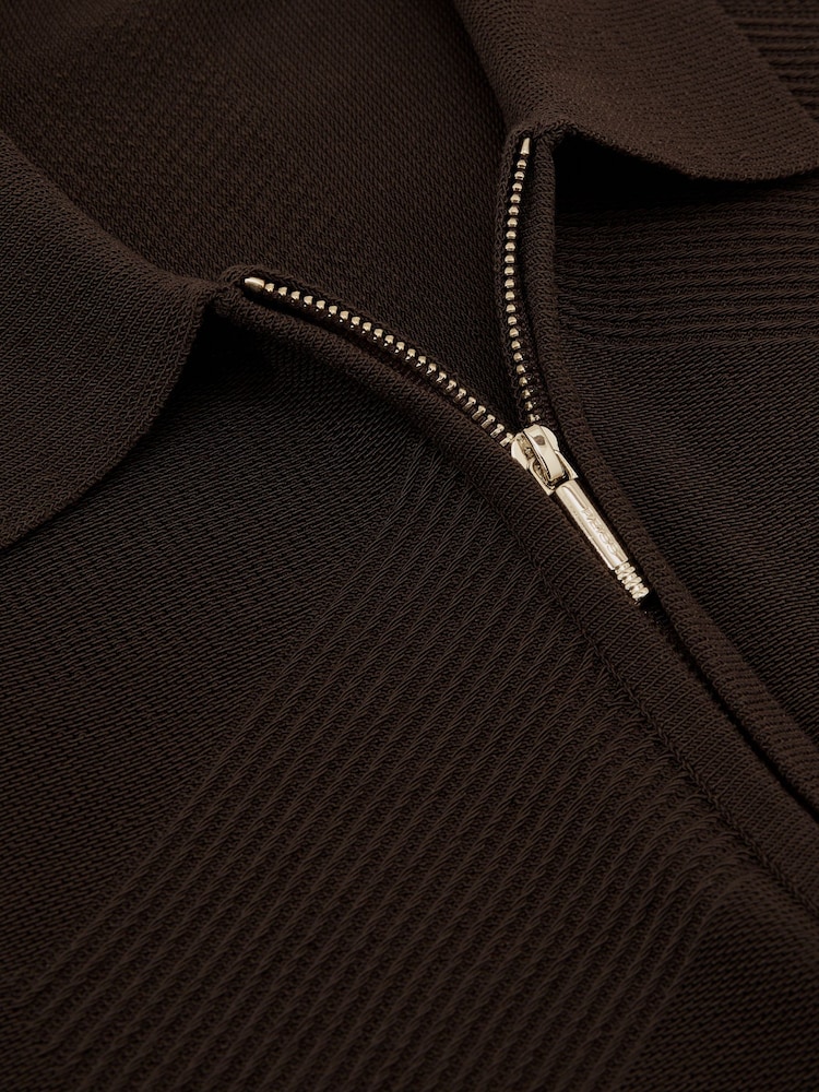 Reiss Chocolate Brown Leigham Cotton-Blend Chevron-Knit Half-Zip Polo Shirt - Image 6 of 6 Reiss Chocolate Brown Leigham Cotton-Blend Chevron-Knit Half-Zip Polo Shirt - Image 6 of 6