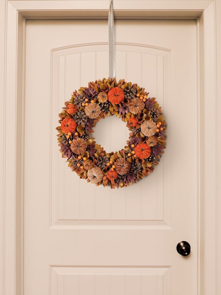 Decoris Orange/Neutral 44cm Autumn Pumpkin Wreath - Image 1 of 2 Decoris Orange/Neutral 44cm Autumn Pumpkin Wreath - Image 1 of 2