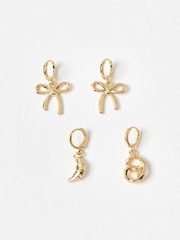 Oliver Bonas Gold Tone Sugar Bow, Croissant & Pretzel Charm Huggie Earrings Set of Four - Image 3 of 7