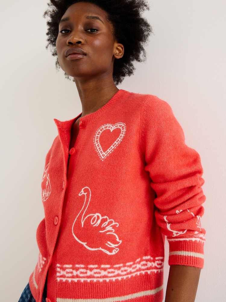 Oliver Bonas Orange Embroidered Crew Neck Knitted Cardigan - Image 1 of 8