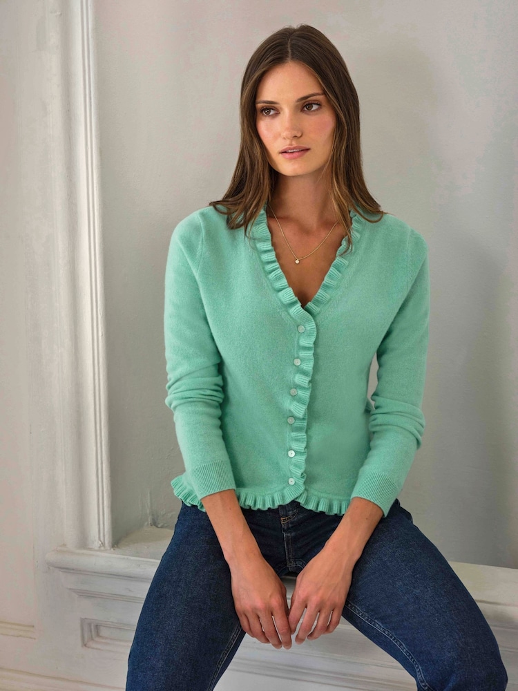 Pure Collection Green Cashmere Ruffle Cardigan - Image 1 of 3
