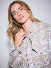 Grey/Blue Check Cropped Flannel Shirt with Neck Scarf - Image 5 of 8