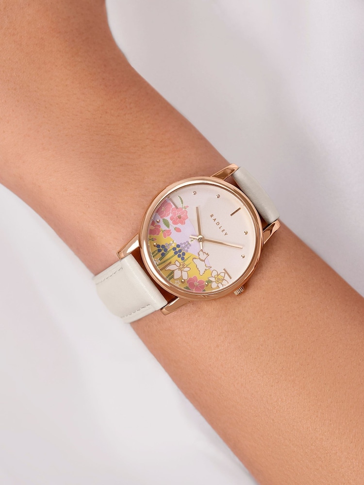 Radley White Spring Meadows Rose Gold Plated Case Salt Leather Strap Watch - Image 1 of 4