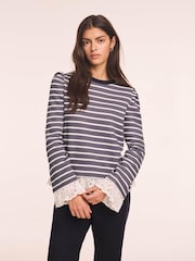 Mint Velvet Blue Stripe Broderie Trim Sweatshirt - Image 1 of 8