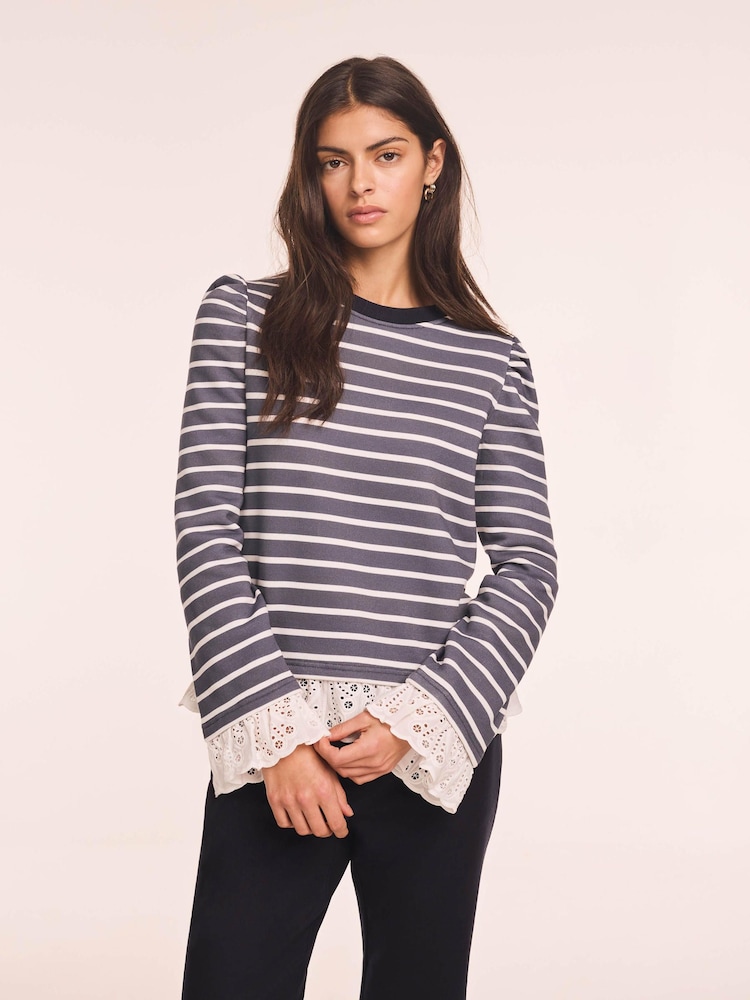 Mint Velvet Blue Stripe Broderie Trim Sweatshirt - Image 1 of 8