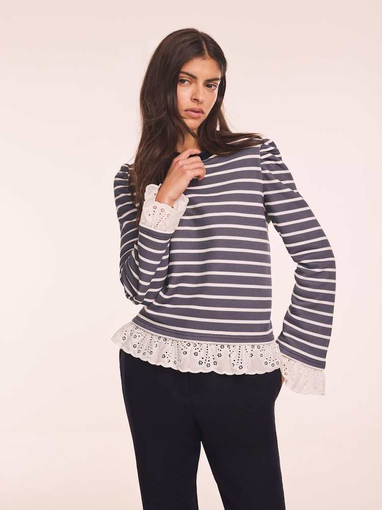 Mint Velvet Blue Stripe Broderie Trim Sweatshirt - Image 2 of 8