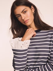 Mint Velvet Blue Stripe Broderie Trim Sweatshirt - Image 3 of 8