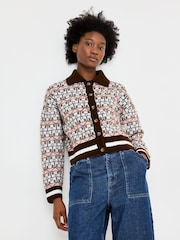 Oliver Bonas Brown Chocolate House Print Collared Knitted Cardigan - Image 1 of 8