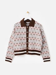 Oliver Bonas Brown Chocolate House Print Collared Knitted Cardigan - Image 3 of 8